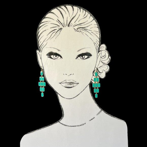 Marlyn Schiff Gold Tone Dangling Chandelier Earrings Turquoise Resin Acc… - Picture 2 of 9